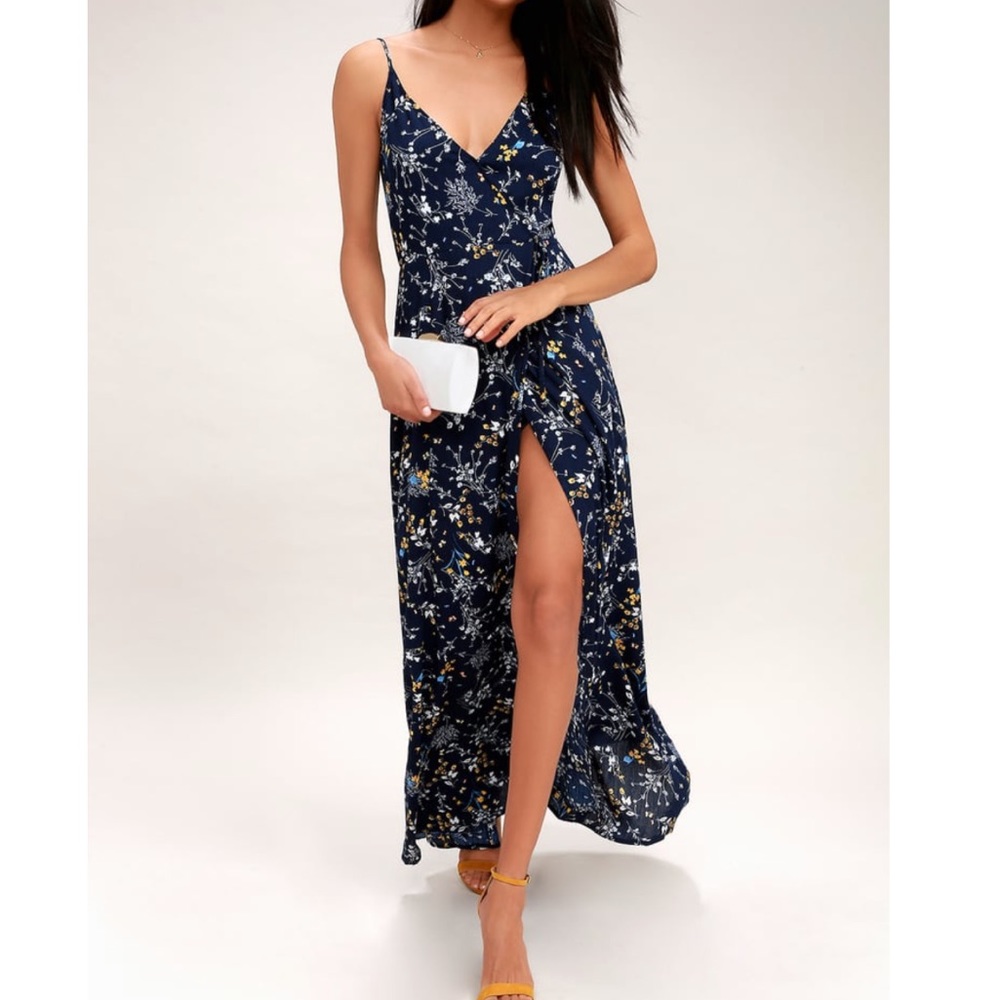 Sweet Honey Navy Blue Floral Print Wrap Max dress
